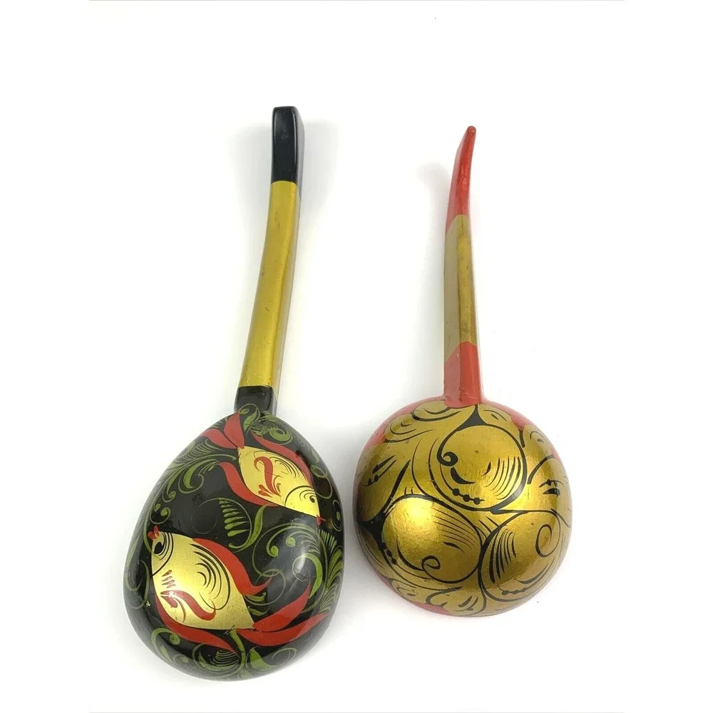 Set of 4 Vintage Khokhloma Painted Wooden Spoons Ladles Decorative Kitchenware